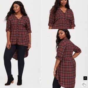 Torrid Rayon Brown Rust Plaid Button Down High-low Top